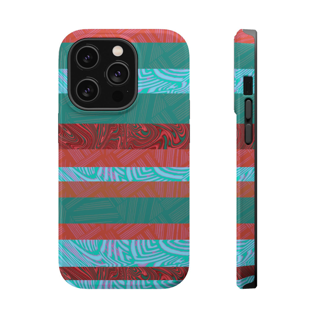 Striped Teal & Coral Magnetic Impact Phone Case for triple-camera phone, Fractyl magsafe compatible iphone 18 pro max case with teal and coral stripes