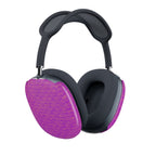 AirPods Max Protective Ear Cup Covers - Textured Purple Polycarbonate Snap-On Shells shown installed on black headphones, offering stylish protective AirPods Max 2 ear cup covers with a vibrant geometric texture.