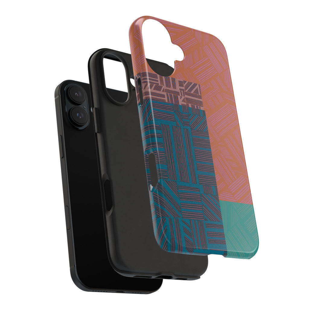 Abstract Geometric Tough Phone Case — Retro Block Pattern, retro iphone 18 pro max case shown in an exploded view with protective black interior and precise fit.