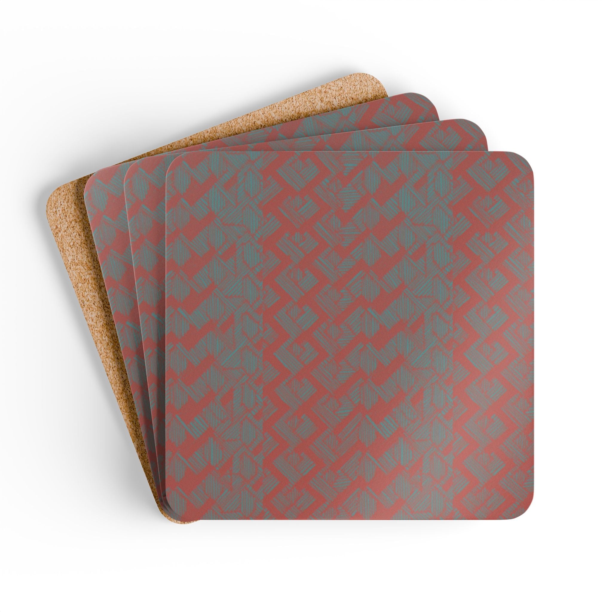 Abstract Red Chevron Coaster Set (4) — Modern Geometric Cork-Back Drink Coasters