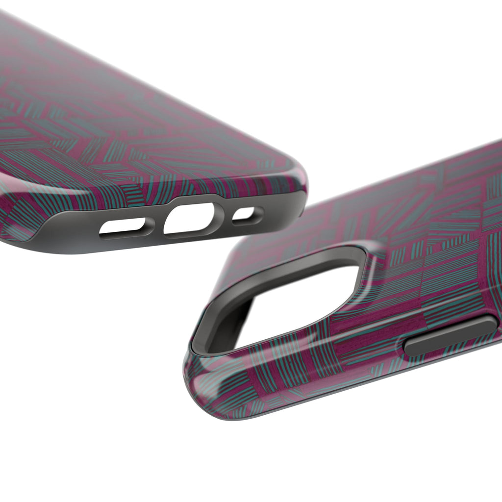 Slim Protective Phone Case With MagSafe, Dual-Layer Impact Protection, Plum Geometric Design, close-up of glossy plum artwork around the camera opening; slim protective iphone 16 promax  case.