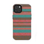Striped Tribal Tough Phone Case — Retro Teal & Coral Protective Cover shown on a dual-camera phone as a colorful fractyl shockproof iphone 17 pro case