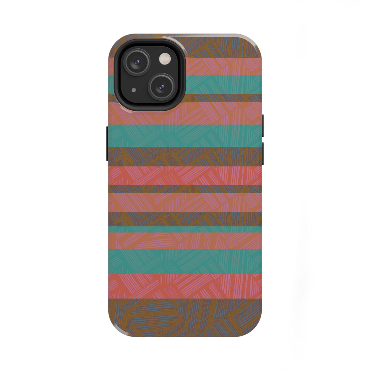 Striped Tribal Tough Phone Case — Retro Teal & Coral Protective Cover shown on a dual-camera phone as a colorful fractyl shockproof iphone 17 pro case