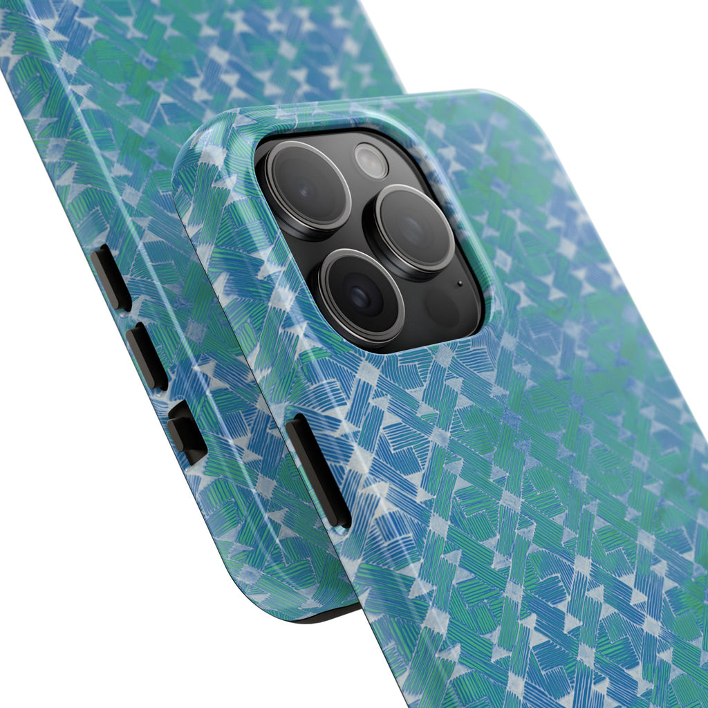Tough Phone Case — Blue-Green Geometric Watercolor Pattern, shockproof iphone 17 pro case layered shock-absorbing construction