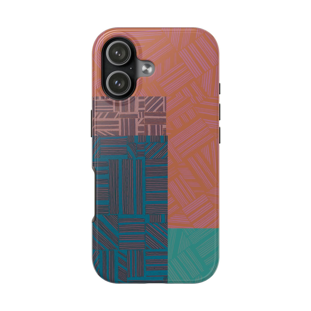 Abstract Geometric Tough Phone Case — Retro Block Pattern, retro iphone 18 pro max case with glossy surface, raised edges, and artistic grid pattern.