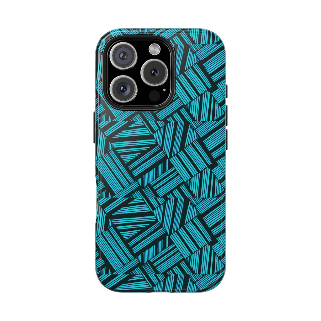 Teal Geometric Tough Phone Case — Durable Protective Phone Case with Modern Stripe Pattern, glossy teal shockproof iphone 18 pro max case product view
