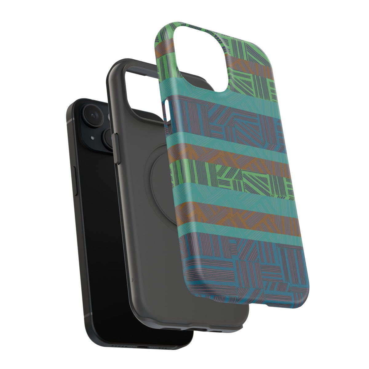 Green Geometric Stripe Phone Case — Impact-Resistant, wireless charging iphone 16 pro max case shown with detailed camera and side protection.
