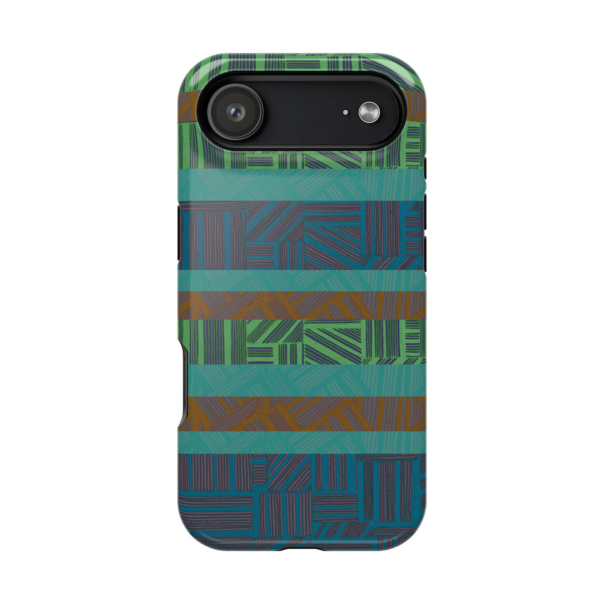Green Geometric Stripe Phone Case — Impact-Resistant, wireless charging iphone 16 pro max case product view highlighting the full-wrap geometric pattern.