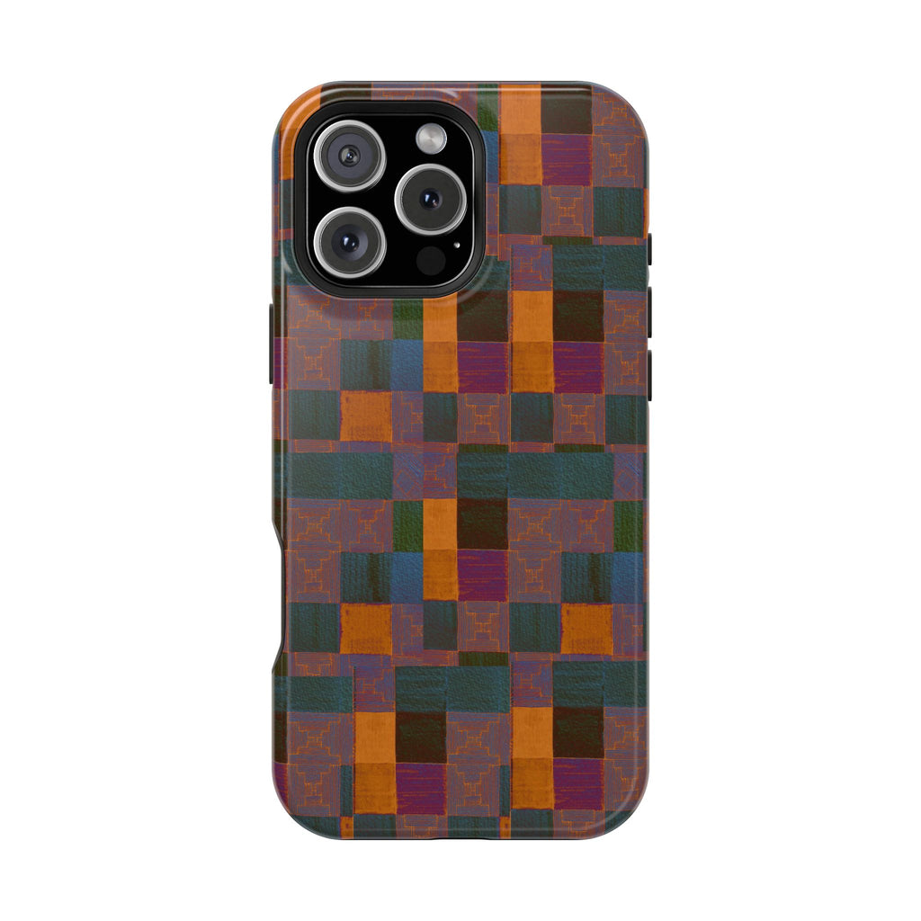 Impact-Resistant Phone Case — Retro Checkerboard Pattern, Fractyl wireless charging iphone 18 pro case featuring a refined plum, orange, and green geometric print.