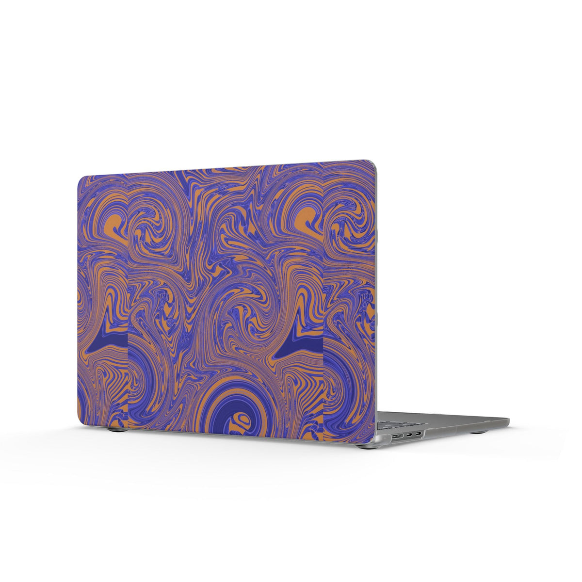 Close-up of the vibrant swirls on the Marbled Purple & Orange Matte MacBook Case — Abstract Swirl Laptop Cover, exemplifying a striking matte MacBook cover for creative professionals.