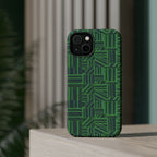 Green Magnetic Phone Case — 2-Layer Geometric MagSafe-Compatible Impact-Resistant Cover, green magnetic phone case- price match with CASETiFY and Casely, floating angled case against a contemporary geometric background.