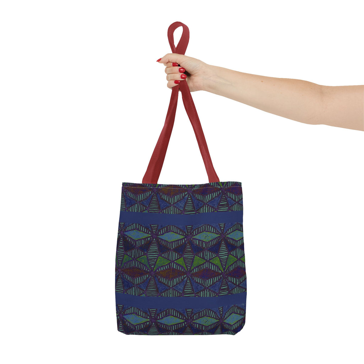 Geometric Indigo Printed Canvas Market Tote With Reinforced Handles And Boxed Corners, large cotton tote carried by hand with white handles