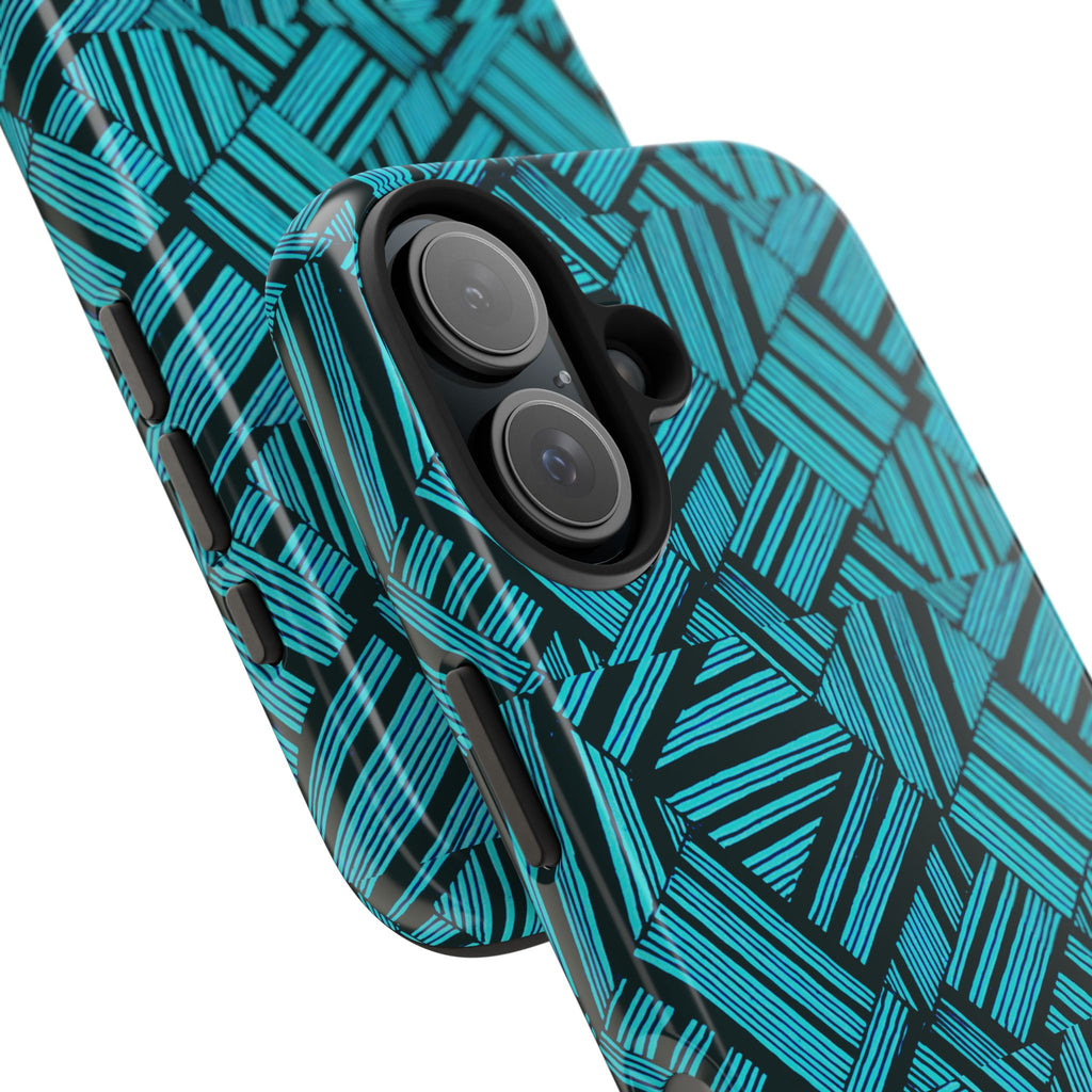 Teal Geometric Tough Phone Case — Durable Protective Phone Case with Modern Stripe Pattern, dual-camera cutout on a shockproof iphone 18 pro max case