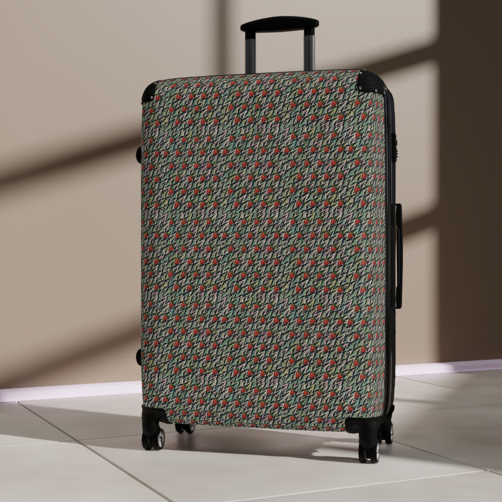 Houndstooth Carry-On Suitcase – Retro Red & Green Patterned Travel Luggage, hard shell carry on shown at an angle with retro patterned front and telescopic handle