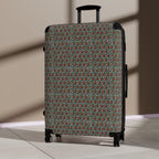 Houndstooth Carry-On Suitcase – Retro Red & Green Patterned Travel Luggage, hard shell carry on shown at an angle with retro patterned front and telescopic handle