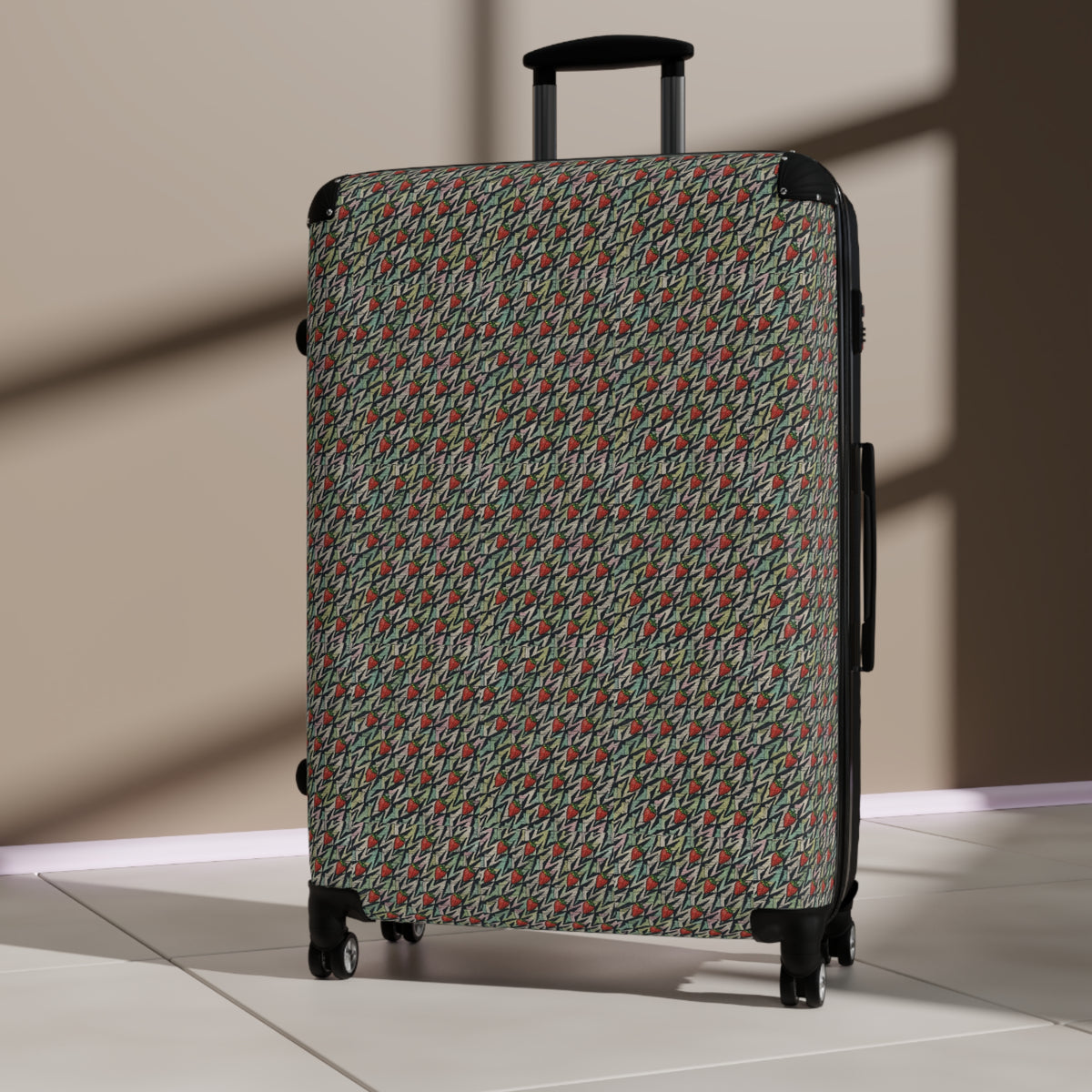Houndstooth Carry-On Suitcase – Retro Red & Green Patterned Travel Luggage, hard shell carry on shown at an angle with retro patterned front and telescopic handle