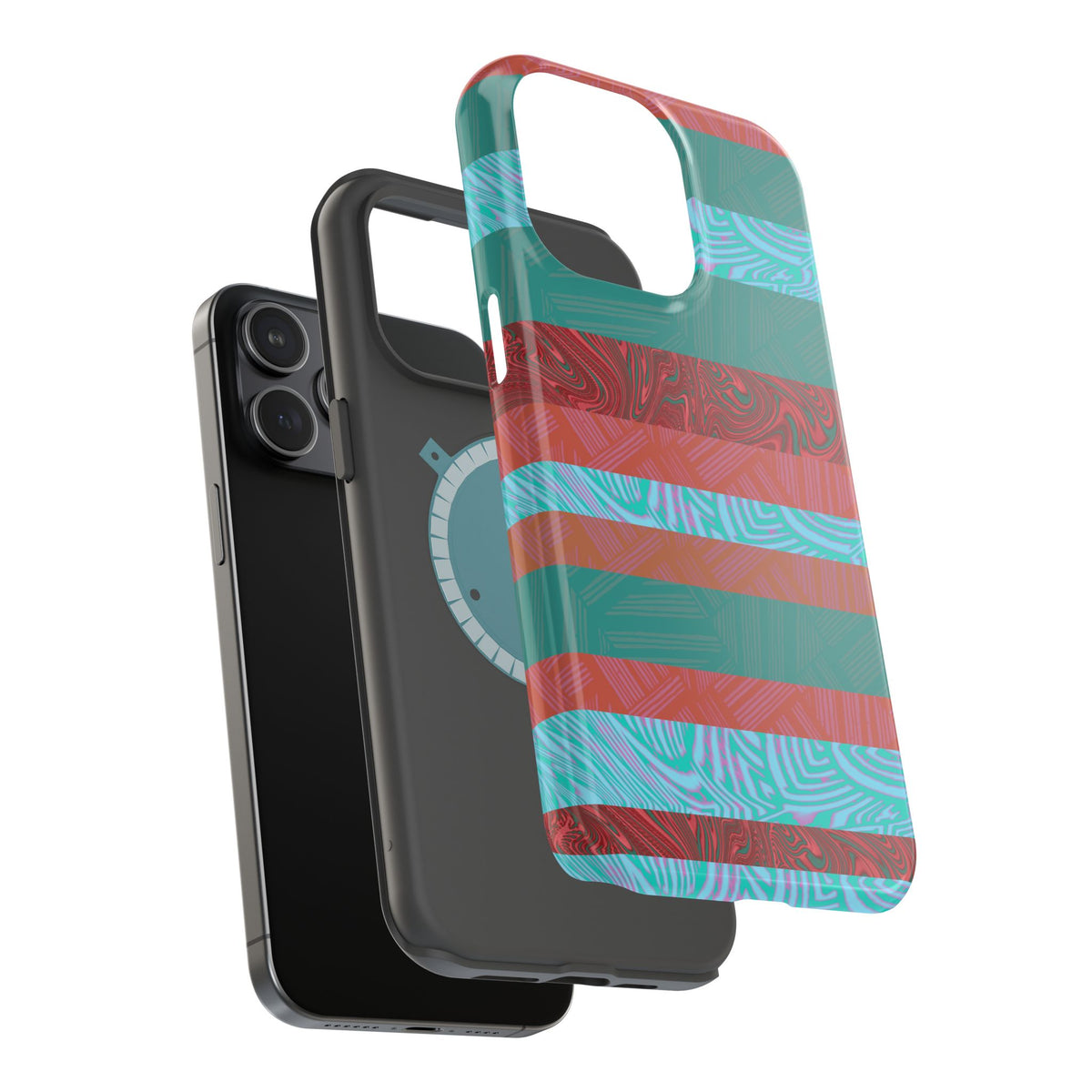 Striped Teal & Coral Magnetic Impact Phone Case shown with phone and magnetic liner, Fractyl magsafe compatible iphone 18 pro max case