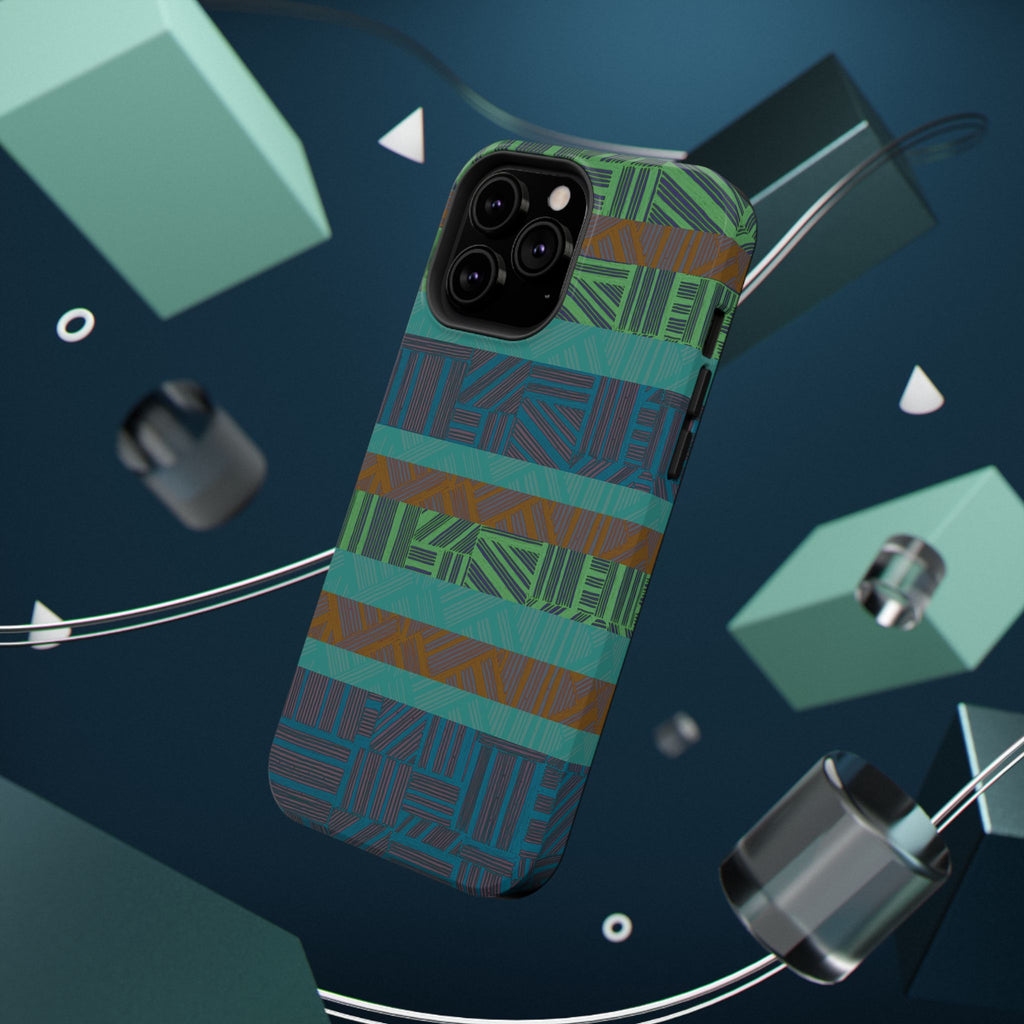Green Geometric Stripe Phone Case — Impact-Resistant, wireless charging iphone 16 pro max case displayed against a cool blue decorative background.