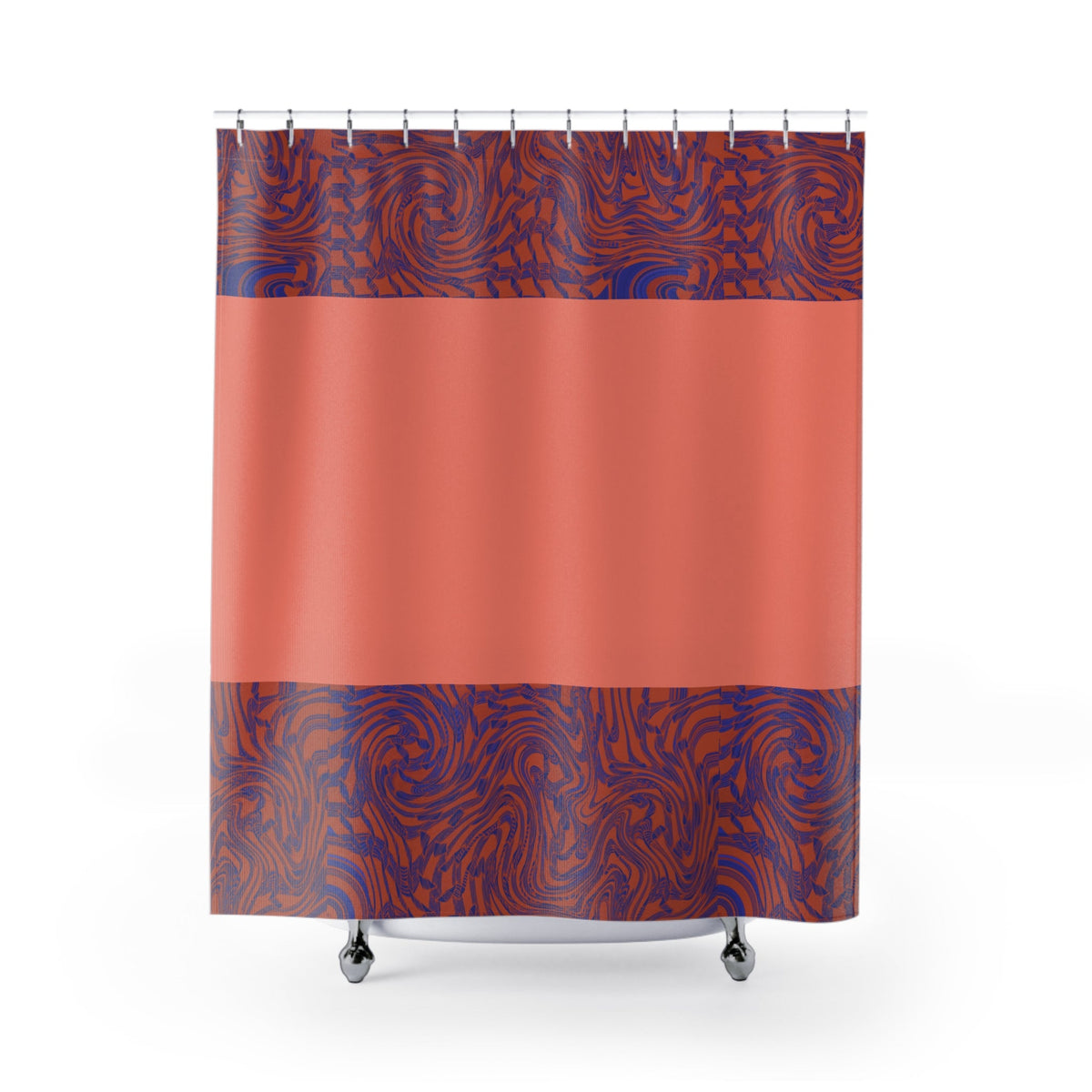 Abstract Coral & Indigo Shower Curtain by Printify, featuring a bold modern swirl pattern perfect for boho bath decor. This colorful shower curtain enhances apartment decor with its abstract print and eclectic decor style, making it a funky curtain choice for a retro bathroom ambiance.