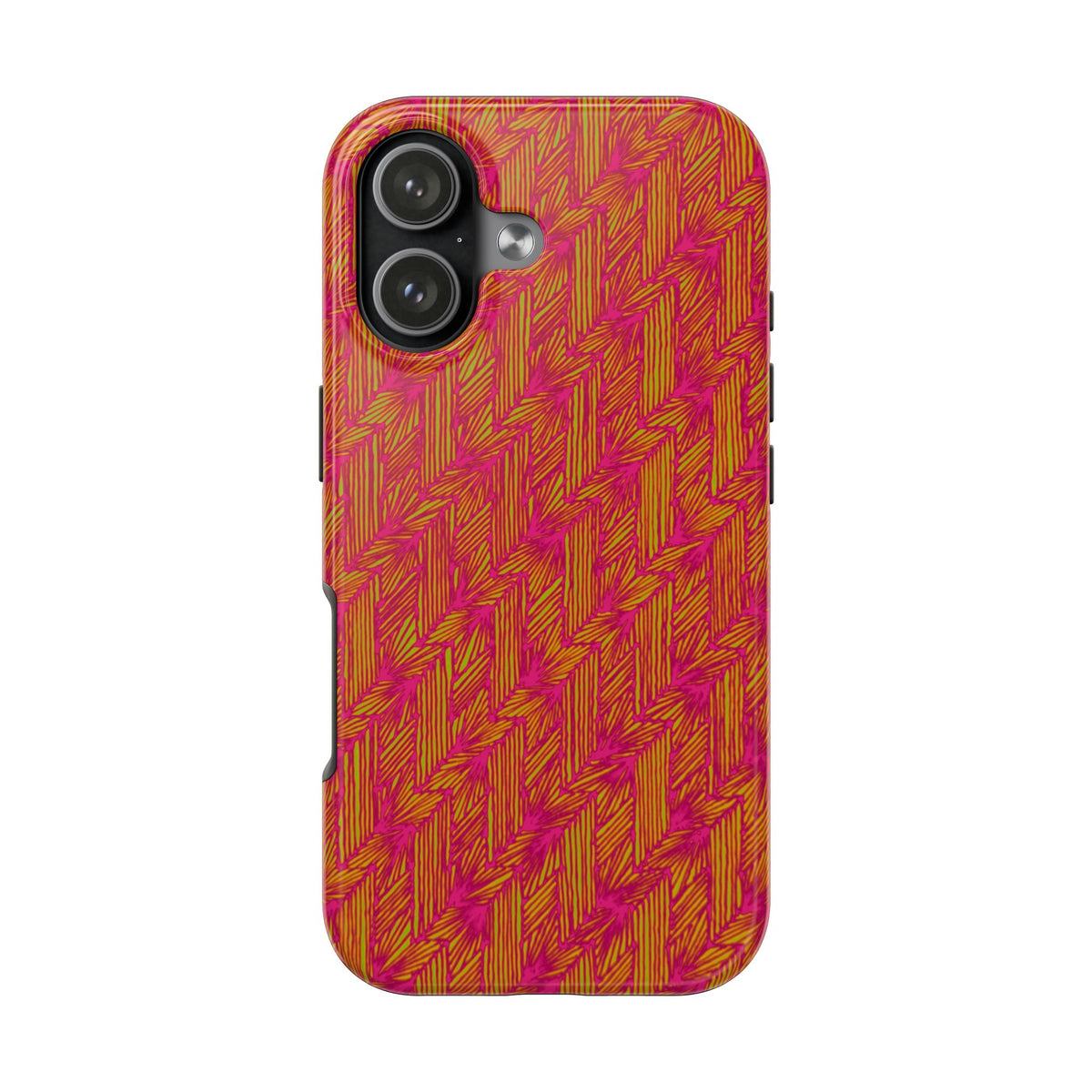 Tough Phone Case — Vibrant Tropical Herringbone Pattern, impact resistant iphone 17 case shown with horizontal camera cutout