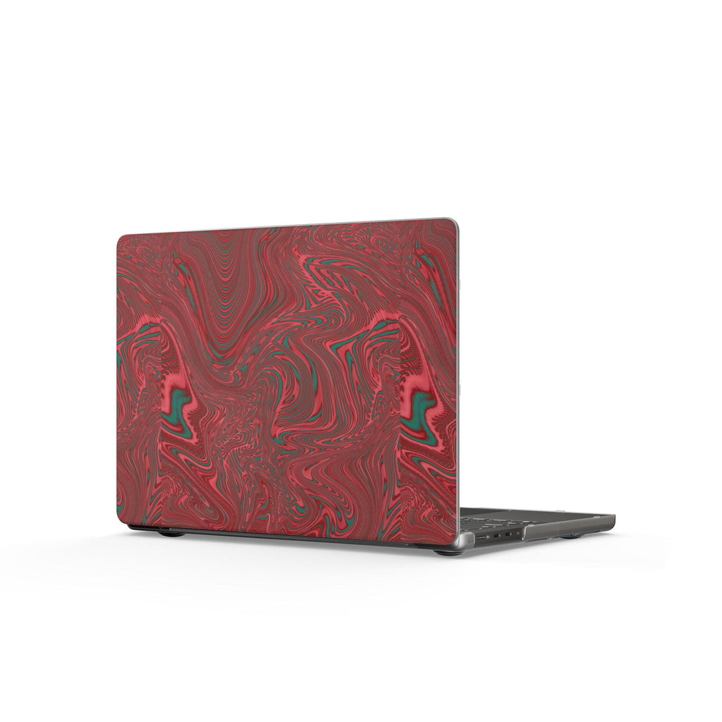 Chic view of the MacBook Case - Red Marble Swirl Matte Protective Cover, revealing its unique abstract swirls. Ideal for college gear, this matte MacBook case serves as a fantastic gift for students and teachers. It's a stylish tech accessory that resonates with a boho aesthetic and adds flair to any workspace.