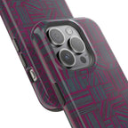 Slim Protective Phone Case With MagSafe, Dual-Layer Impact Protection, Plum Geometric Design, exploded triple-camera case view with magnetic ring and protective liner; slim protective iphone 16 promax  case.