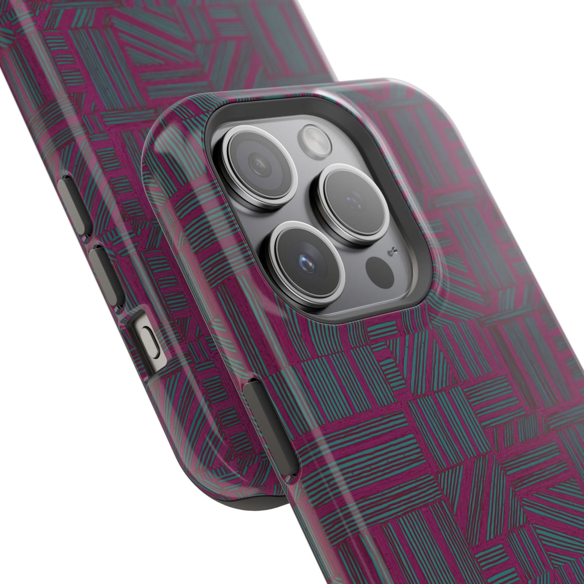 Slim Protective Phone Case With MagSafe, Dual-Layer Impact Protection, Plum Geometric Design, exploded triple-camera case view with magnetic ring and protective liner; slim protective iphone 16 promax  case.
