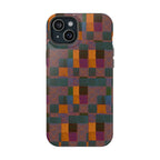 Impact-Resistant Phone Case — Retro Checkerboard Pattern, Fractyl wireless charging iphone 18 pro case shown on a dual-camera phone in rich green, orange, and plum tones.