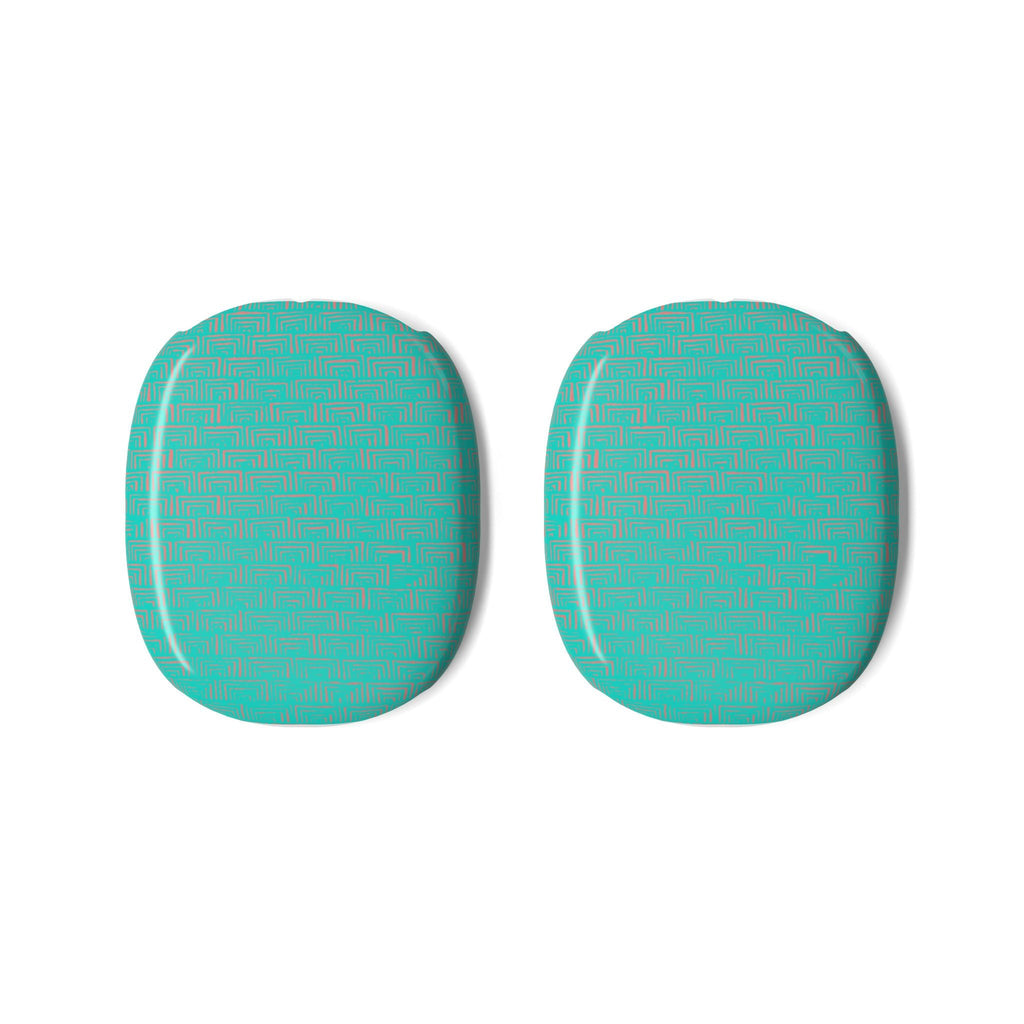 Close-up view of AirPods Max Shell Case by Printify with teal ear cup covers, designed for optimal personalized headphone protection and stylish durability.