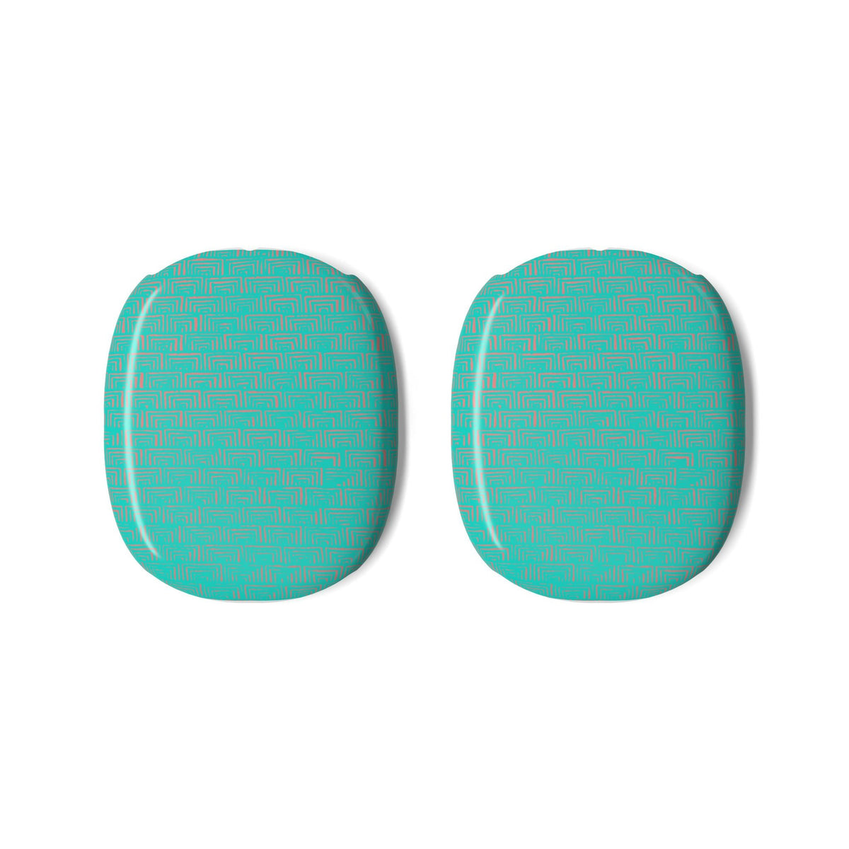 Close-up view of AirPods Max Shell Case by Printify with teal ear cup covers, designed for optimal personalized headphone protection and stylish durability.
