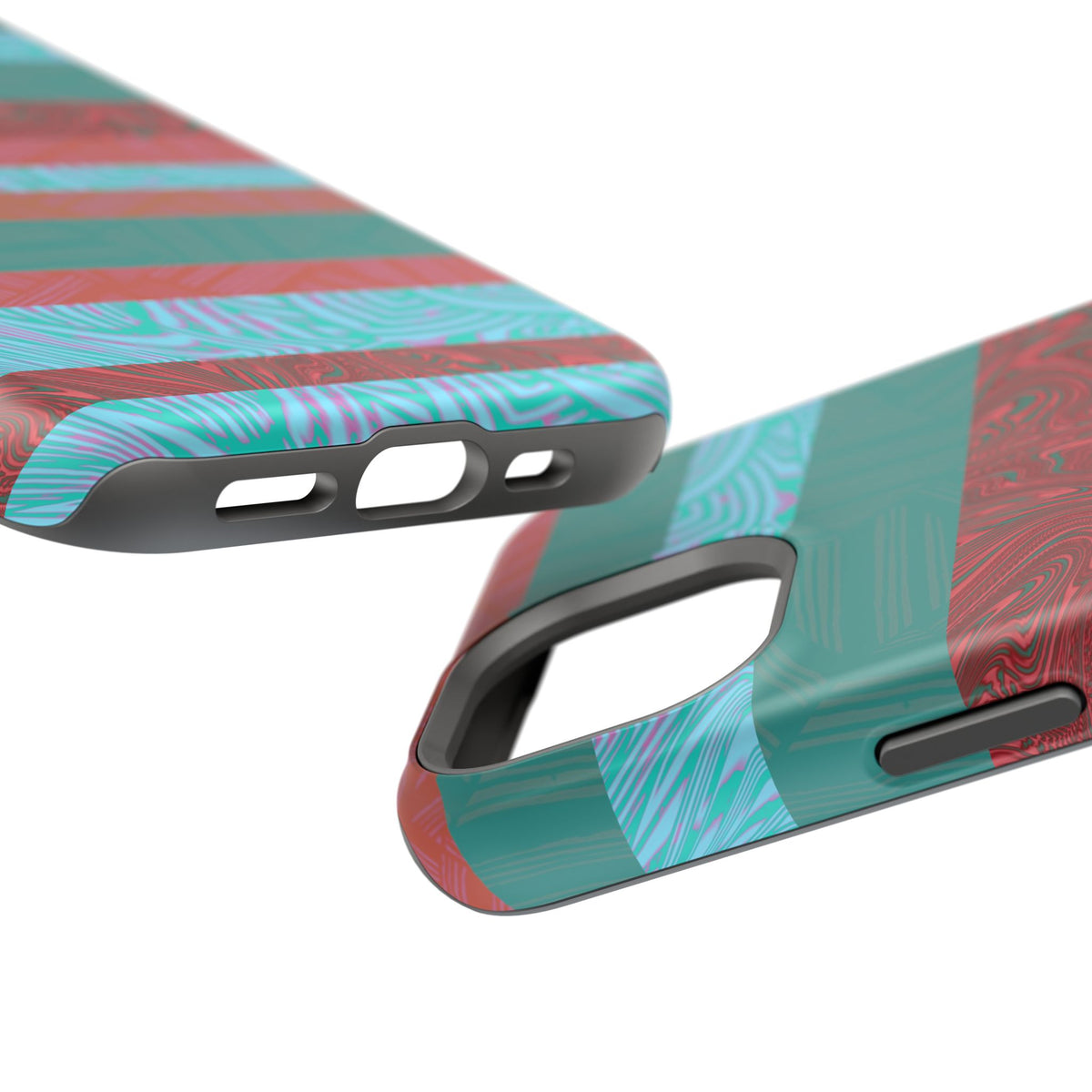 Striped Teal & Coral Magnetic Impact Phone Case floating against an abstract background, Fractyl magsafe compatible iphone 18 pro max case