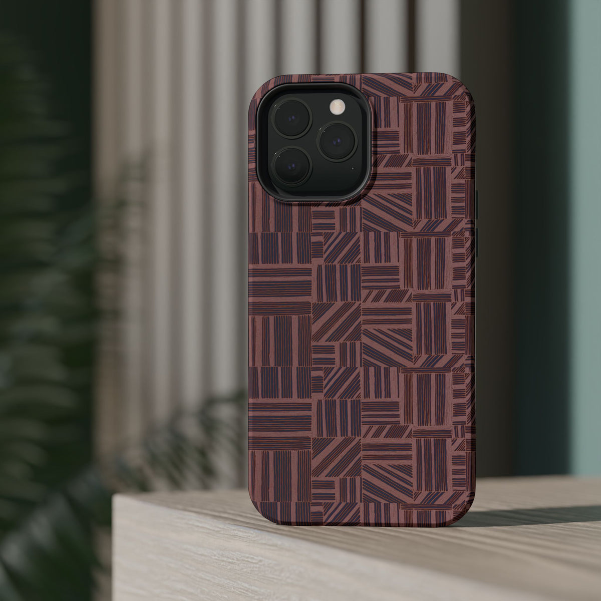 MagSafe Impact Resistant Phone Case - Geometric Brown Pattern, Dual-Layer Protection, open camera cutout detail; impact resistant iphone 17 pro max case