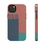 Abstract Geometric Tough Phone Case — Retro Block Pattern, retro iphone 18 pro max case displayed at an angle to reveal its protective raised bezel.