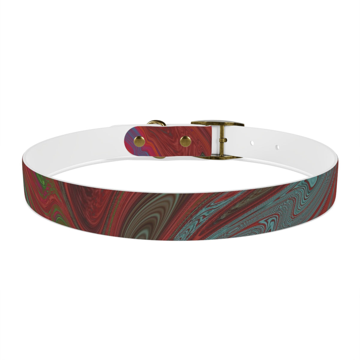 Rose gold buckle on the Marbled Swirl Dog Collar — Red & Teal Abstract Pet Collar, a stylish option among hypoallergenic dog collars.