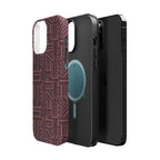 MagSafe Impact Resistant Phone Case - Geometric Brown Pattern, Dual-Layer Protection, triple-camera close-up; impact resistant iphone 17 pro max case