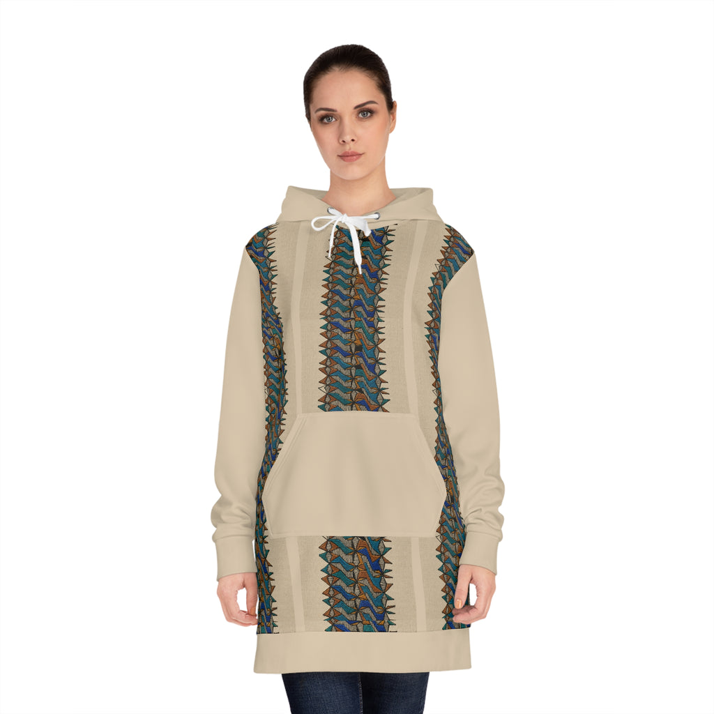 Bohemian Stripe Hoodie Dress — Cozy Beige AOP Pullover for Fall, front model view of a cozy pullover dress featuring beige fabric, vertical bohemian stripes, hood, and pouch pocket