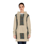 Bohemian Stripe Hoodie Dress — Cozy Beige AOP Pullover for Fall, front model view of a cozy pullover dress featuring beige fabric, vertical bohemian stripes, hood, and pouch pocket