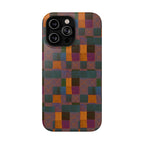 Impact-Resistant Phone Case — Retro Checkerboard Pattern, Fractyl wireless charging iphone 18 pro case shown from the back with vibrant artisan-inspired color blocks.