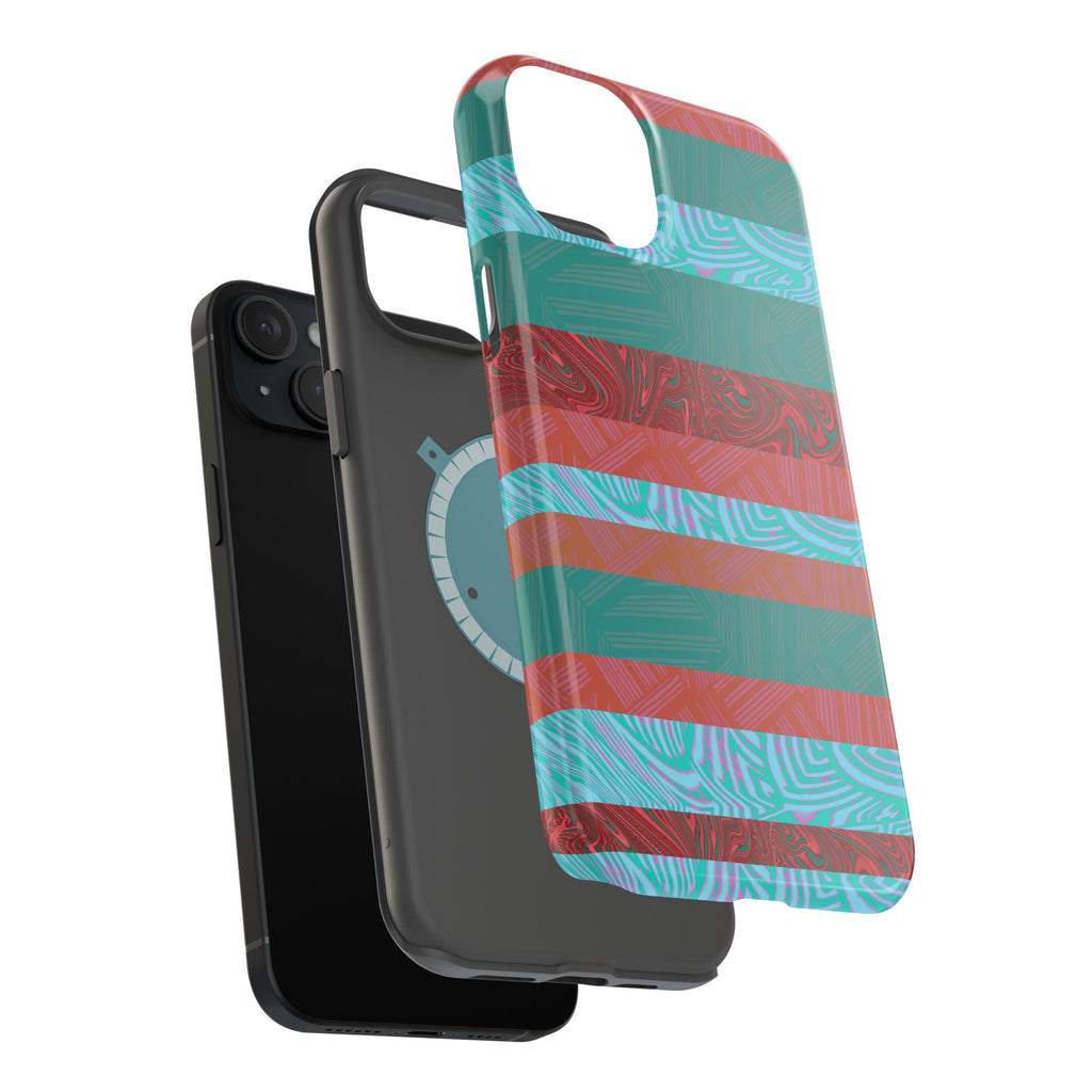 Striped Teal & Coral Magnetic Impact Phone Case shown with phone and inner magnetic case, Fractyl magsafe compatible iphone 18 pro max case