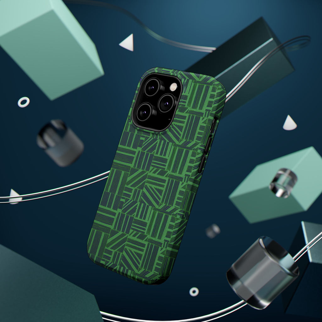 Green Magnetic Phone Case — 2-Layer Geometric MagSafe-Compatible Impact-Resistant Cover, green magnetic phone case- price match with CASETiFY and Casely, exploded case design highlighting the MagSafe magnetic ring.