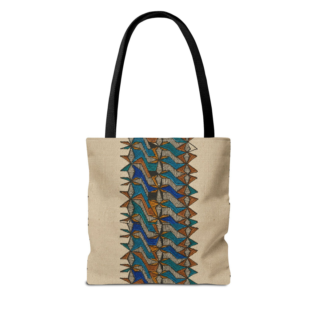 Boho Geometric Everyday Patterned Canvas Tote Bag With Reinforced Handles, 3 Sizes, reverse view showing the structured beige body, blue and tan geometric print, and black handles. Patterned canvas tote with art tote, beige bag, bohemian bag, boho tote, canvas tote, eco shopping, everyday tote, gift for her, market bag, neutral tote, printed tote, summer tote, and tribal tote details.