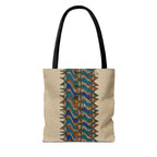 Boho Geometric Everyday Patterned Canvas Tote Bag With Reinforced Handles, 3 Sizes, reverse view showing the structured beige body, blue and tan geometric print, and black handles. Patterned canvas tote with art tote, beige bag, bohemian bag, boho tote, canvas tote, eco shopping, everyday tote, gift for her, market bag, neutral tote, printed tote, summer tote, and tribal tote details.