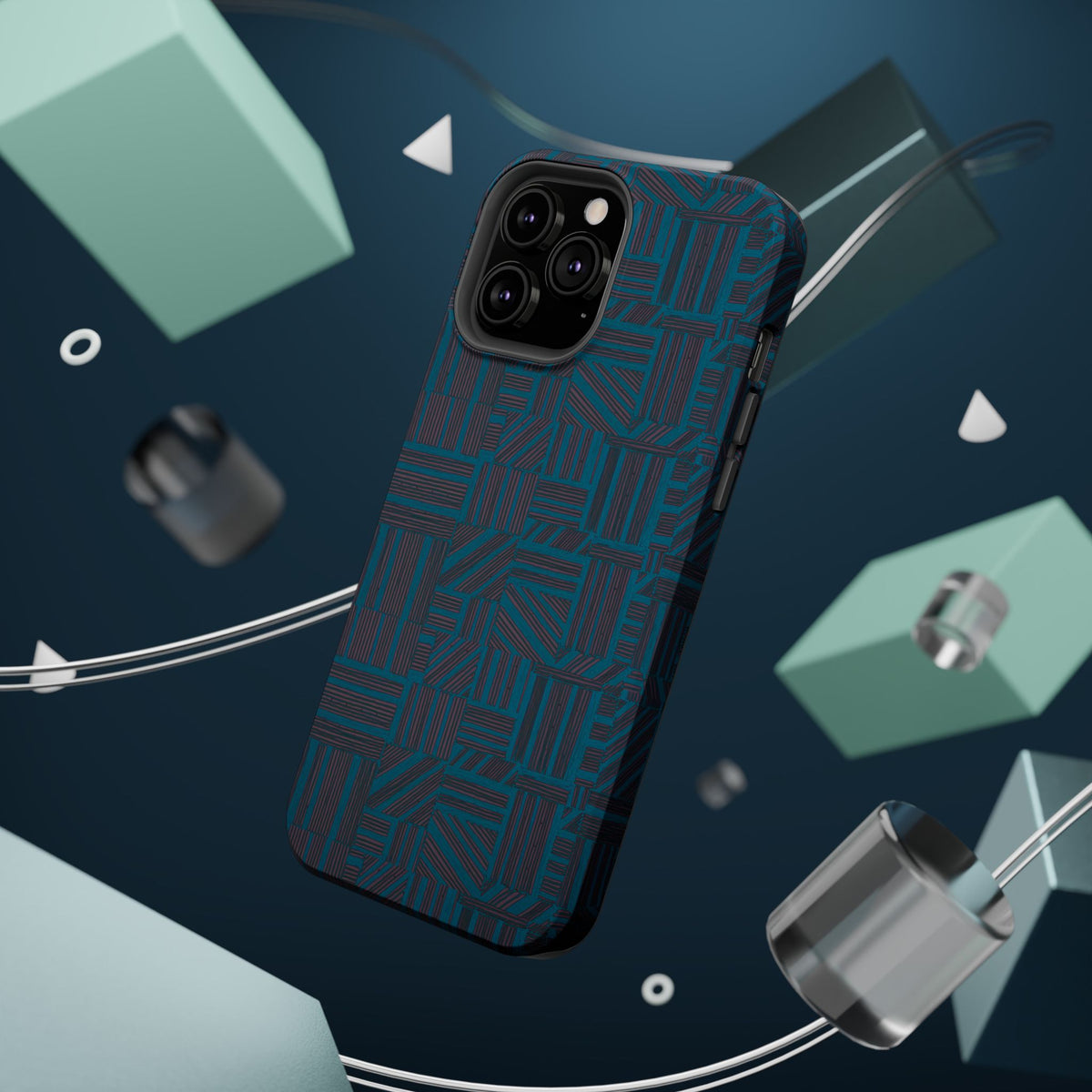 Impact Resistant Phone Case-20% OFF Entire Order, And Free Shipping, Teal Geometric MagSafe case floating in a modern teal product environment; impact resistant iphone 17 case-20% OFF Entire Order, and Free Shipping.
