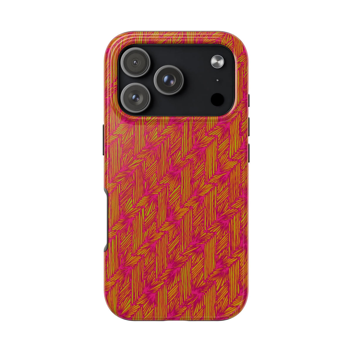 Tough Phone Case — Vibrant Tropical Herringbone Pattern, impact resistant iphone 17 case rear view with glossy finish