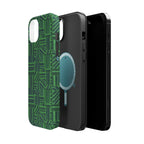 Green Magnetic Phone Case — 2-Layer Geometric MagSafe-Compatible Impact-Resistant Cover, green magnetic phone case- price match with CASETiFY and Casely, green case standing on a light wood surface.