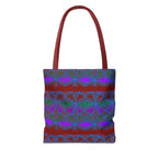Geometric Heart Pattern Tote Bag — Vintage Tribal All-Over Print, geometric canvas tote bag with burgundy handles and colorful all-over design