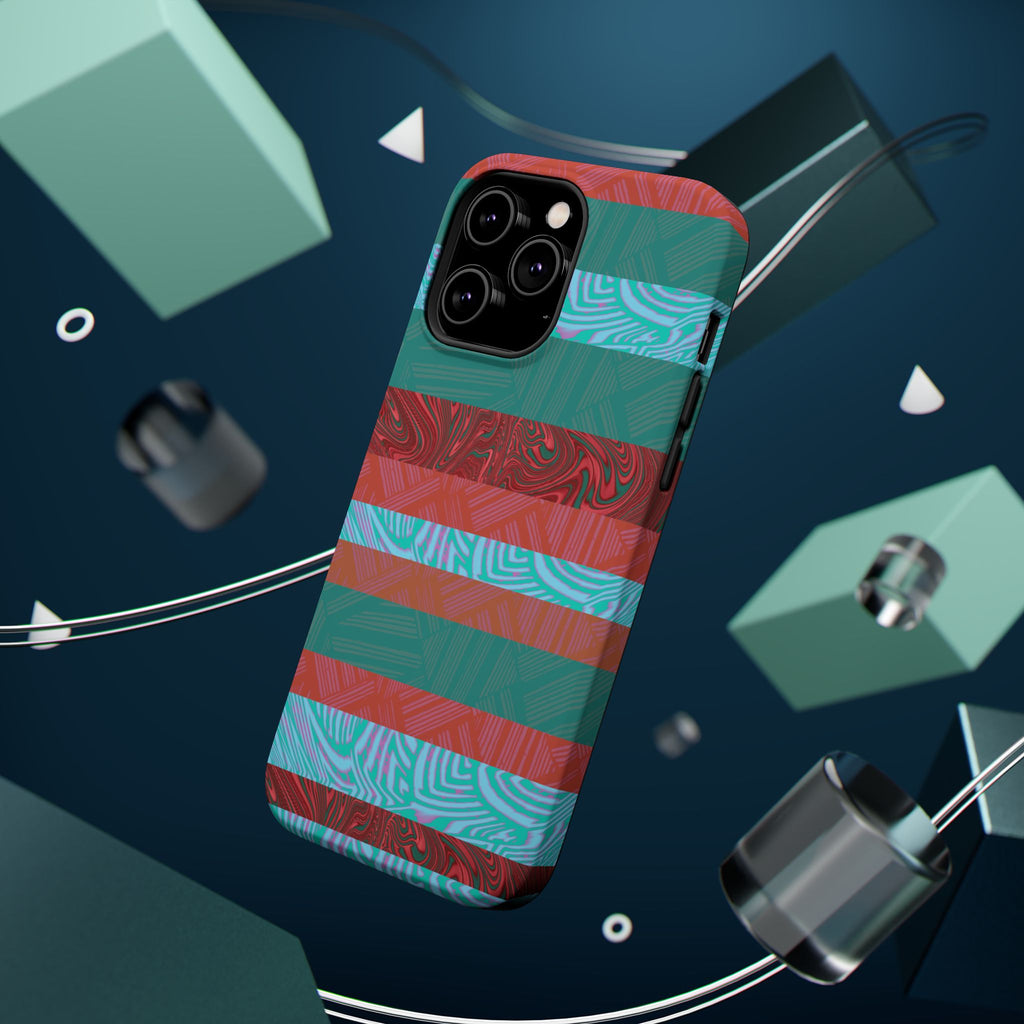 Striped Teal & Coral Magnetic Impact Phone Case floating lifestyle image, Fractyl magsafe compatible iphone 18 pro max case