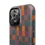 Impact-Resistant Phone Case — Retro Checkerboard Pattern, Fractyl wireless charging iphone 18 pro case shown in a close-up product angle with vibrant artisan patchwork.