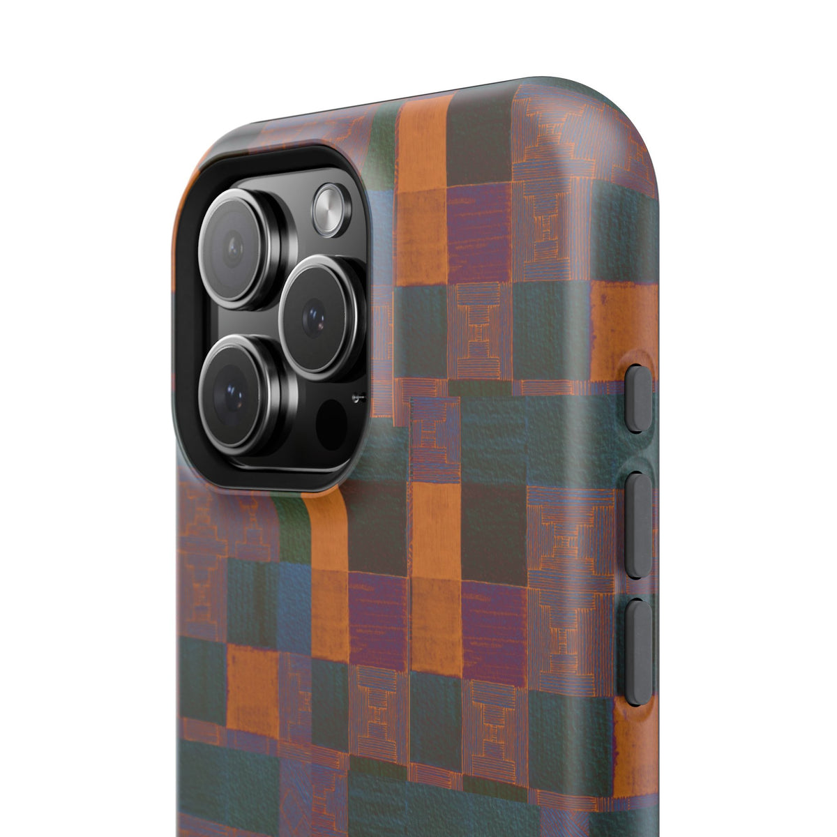 Impact-Resistant Phone Case — Retro Checkerboard Pattern, Fractyl wireless charging iphone 18 pro case shown in a close-up product angle with vibrant artisan patchwork.