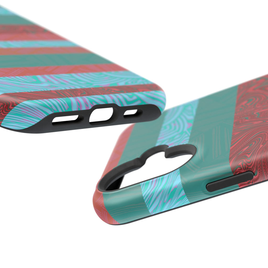 Striped Teal & Coral Magnetic Impact Phone Case exploded phone protection display, Fractyl magsafe compatible iphone 18 pro max case